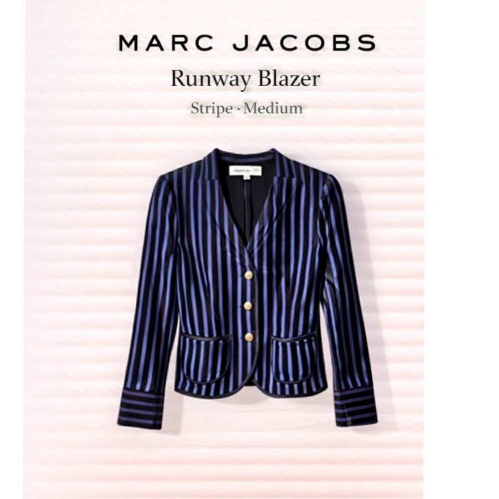 Marc Jacobs Blazer Medium Blue Black Stripe Gold Button Runway SS13